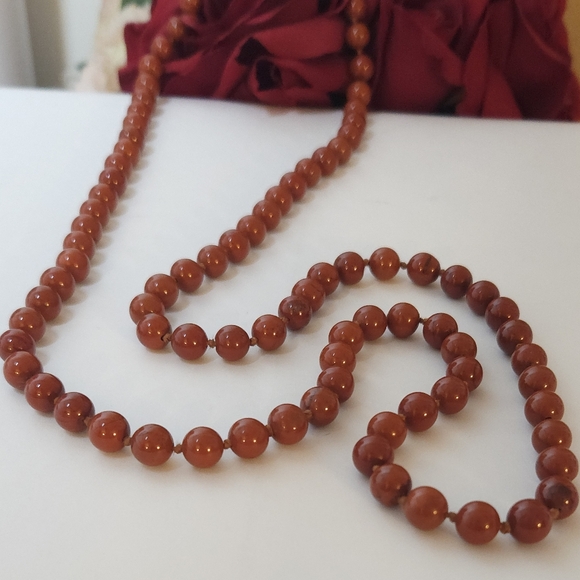 Red Jasper Stone Knotted Necklace Handmade 35" Long Unisex Necklace - Picture 4 of 16